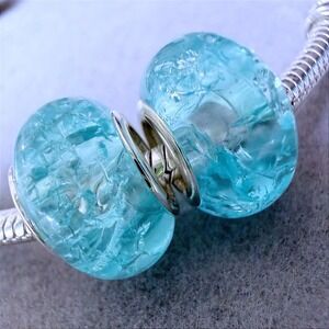 Aqua Blue Ice Crackle European Beads fits PANDORA Bracelet Set of 2